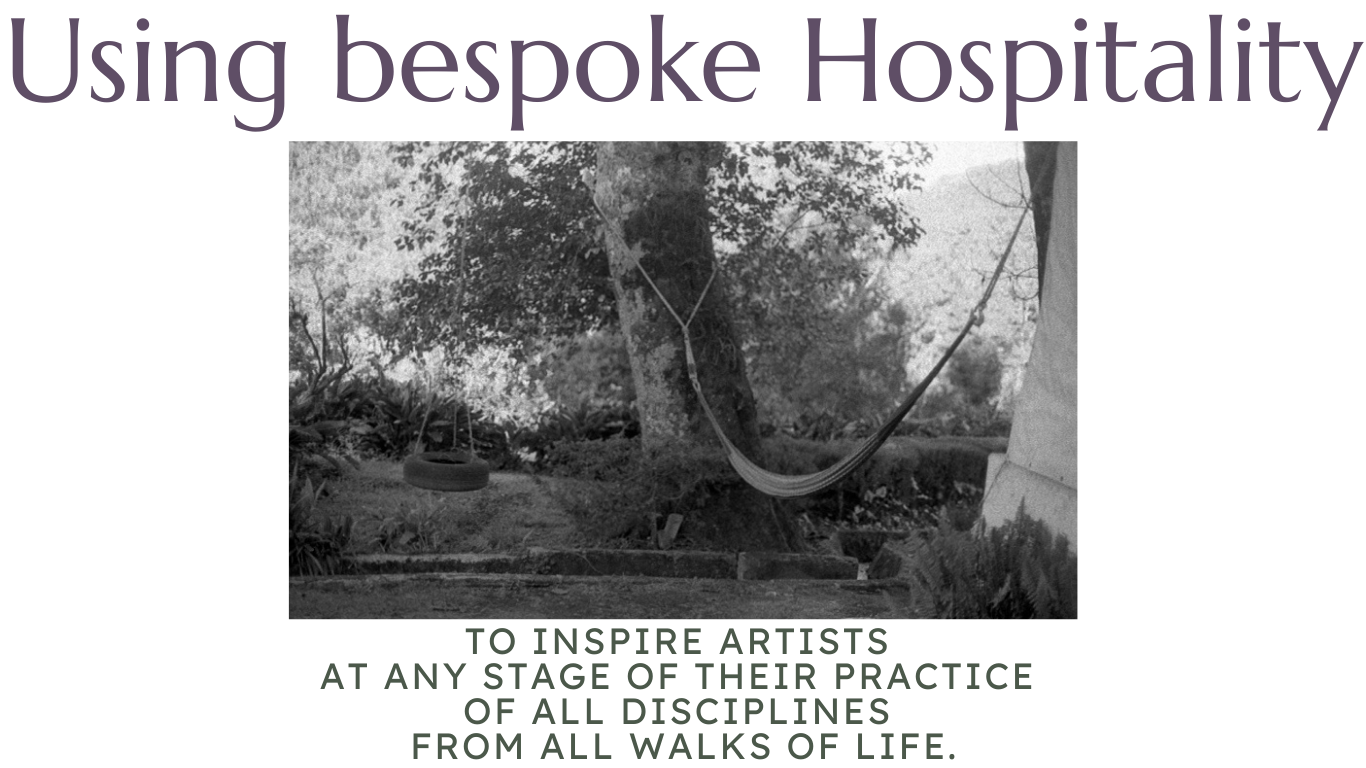 black and white image of a hammock over a small creek with a tire swing to he left and many other plants around them